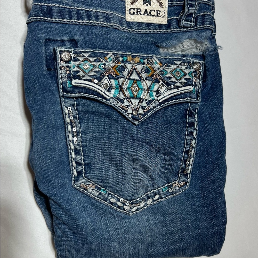 Grace Blue Boot Cut Jeans with Western-Inspired Design